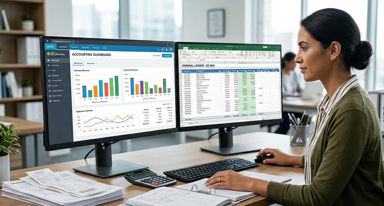 Bookkeeper reviewing an accounting dashboard and general ledger on dual monitors